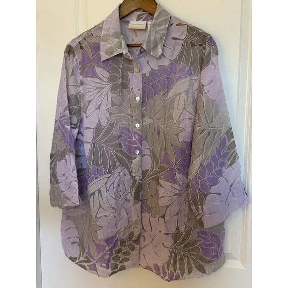 Alfred Dunner Womens 18W Floral Sheer Button Front Blouse Purple Taupe Easter - Picture 2 of 11